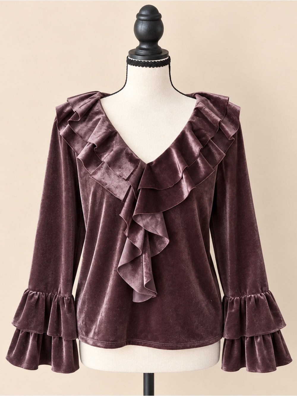 90s Vintage Chocolate Brown Velvet Ruffle Blouse Whimsigoth M/L